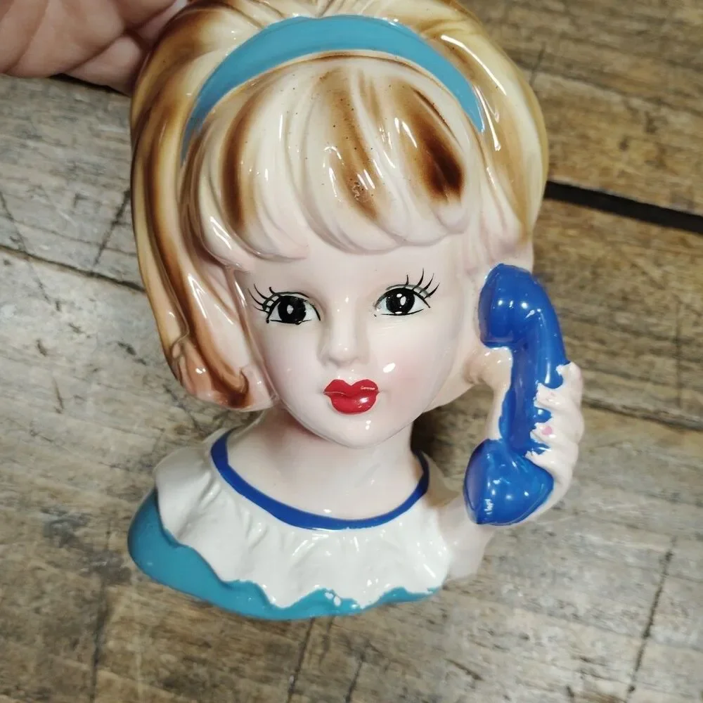Vintage Lady Head Vase Teenager Inarco E-3548 Telephone Planter Retro Japan